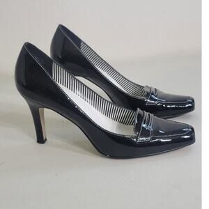 AK Anne Klein Heels 3.5 Inch Womens Size 8.5 Patten Leather Black Loafer Pumps